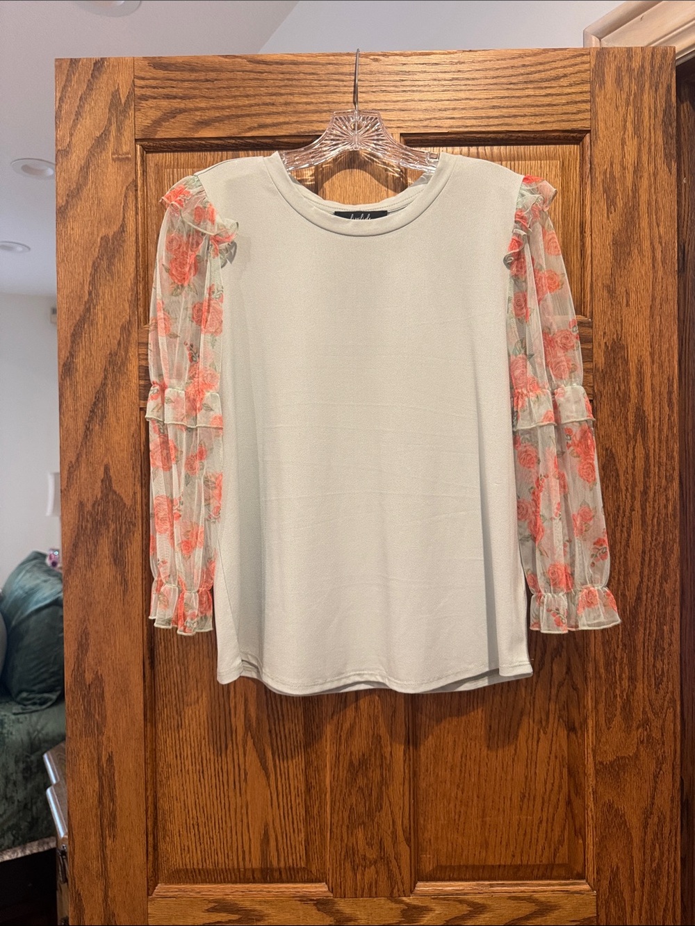 Sheer Floral Sleeve Long-Sleeve Tee - White with Coral Flowers